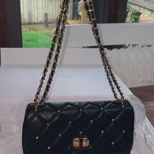 Badgley Mischka Black leather Quilted Shoulder Bag with Gold Accents